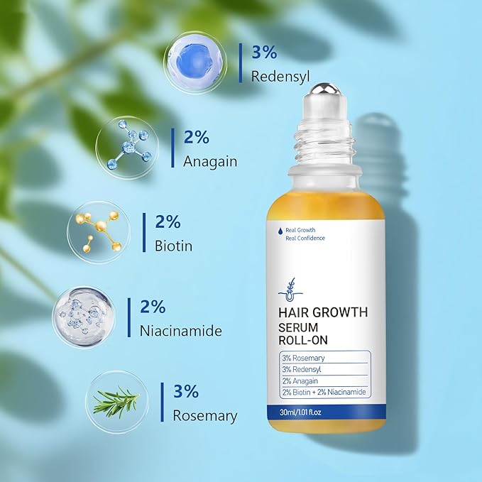 Hair Growth Roll-On Serum - 3% Rosemary, 3% Redensyl, 2% AnaGain + Biotin & Niacinamide, Portable Roller for Targeted Scalp Nourishment, No-Rinse Formula & Fast Absorbing, Easy to Apply Anywhere