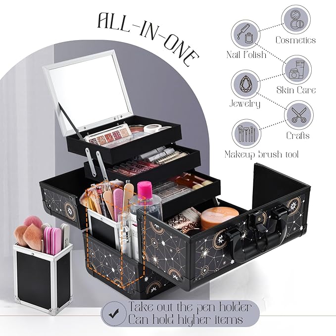 Joligrace 11.8 inch Makeup Train Case Cosmetic Organizer Box Lockable with 3 Trays and a Brush Holder Pattern Collection - Star Chart