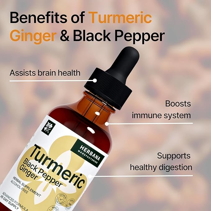 Turmeric 3-in-1 Liquid Extract - Curcumin & Ginger, Black Pepper - Natural Herbal Supplement - Immune and Brain Booster Tincture (2 FL OZ)