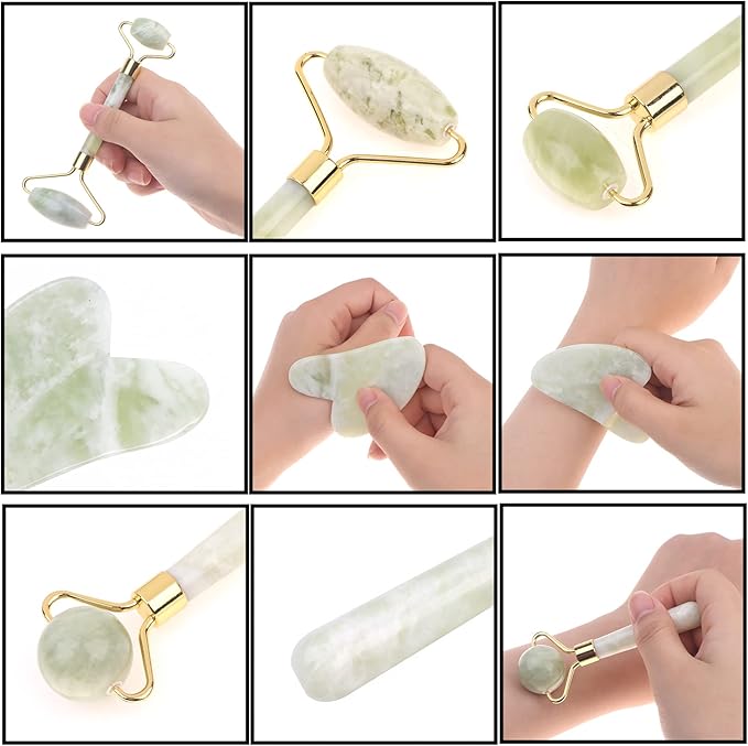 HOTACE Jade Roller for Face-3 in 1 Kit Facial Massager Tool Natural Jade Stone Facial Roller Anti Aging,Face Beauty Set for Eye Anti-Wrinkle-Green