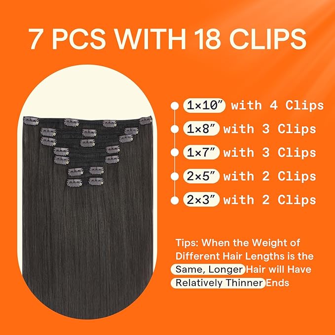 Full Shine Clip in Extensions Black Real Hair Extensions Clip in Human Hair for Thinning Hair Natural Black Tea 16 Inch 120 G 7 Pcs