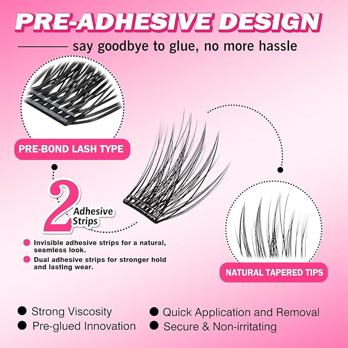 156 PCS Volume Self Adhesive Eyelashes Clusters, Invisible 2-Strip Tape - Longer Lasting, Pre Glued Eyelash Clusters, No Glue Needed Lashes C-Curly Eyelash Clusters with Tweezers