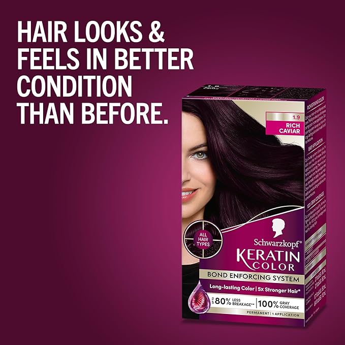 Schwarzkopf Keratin Permanent Hair Dye Cream, 1.9 Rich Caviar, Professional Quality Color for Up to 100% Gray Coverage, Bond Enforcing System