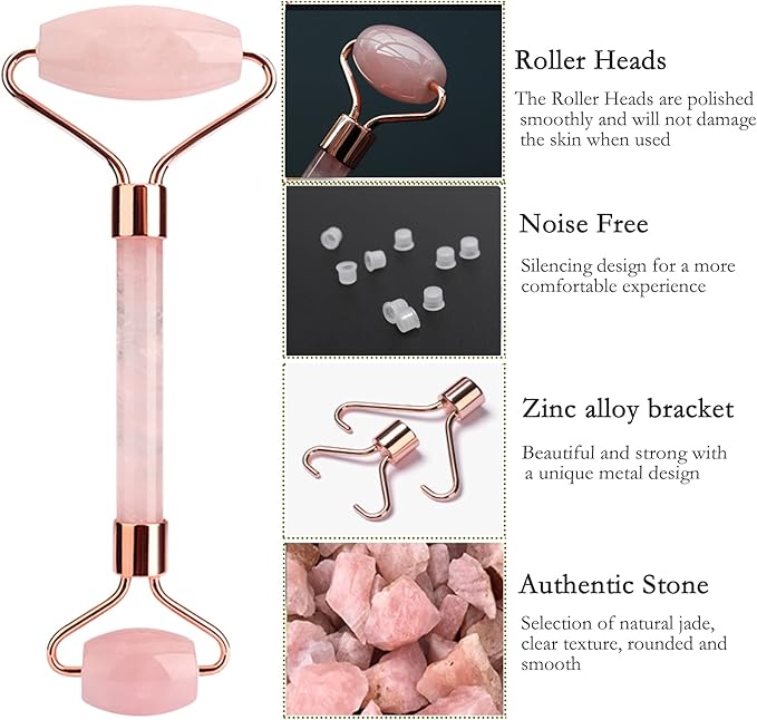 HOTACE Jade Roller Gua Sha Set Natural Rose Quartz Jade Roller for Face Beauty Facial Roller Massager Tools Face Skin Care Tools-Pink