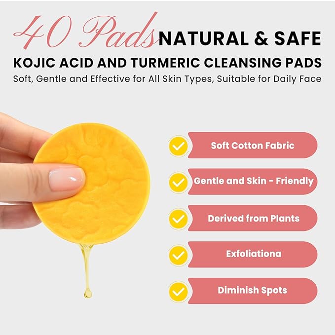 Turmeric Kojic Acid Cleansing Pads: Turmeric Cleansing Pads for Dark Spots and Exfoliating Face Scrub Pad for Deep Cleansing Oil Control Shrink Pore Mild Formula for All Skin Types (40PCS)