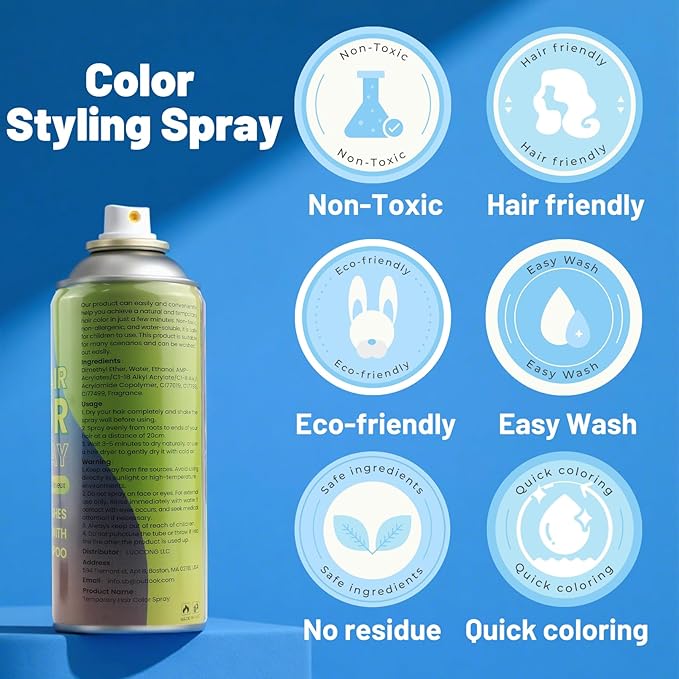 Blue Hair Spray, Temporary Hair Color Spray for Women Men– Safe Non Sticky Washable One Day Hair Dye Spray, Disposable Accessories Included, for Halloween Cosplay Party DIY Costume Pet Fun