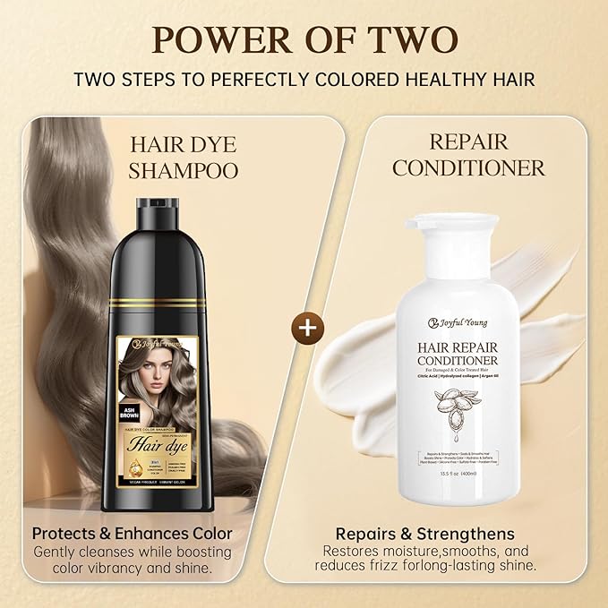 Natural Hair Dye Shampoo 3 IN 1, Gray Hair Coverage, Vegan, Ammonia-Free & Paraben-Free Hair Coloring Shampoo for Women & Men, Beard Dye for Men, Nourishing Gentle Easy to Use (ASH BROWN)