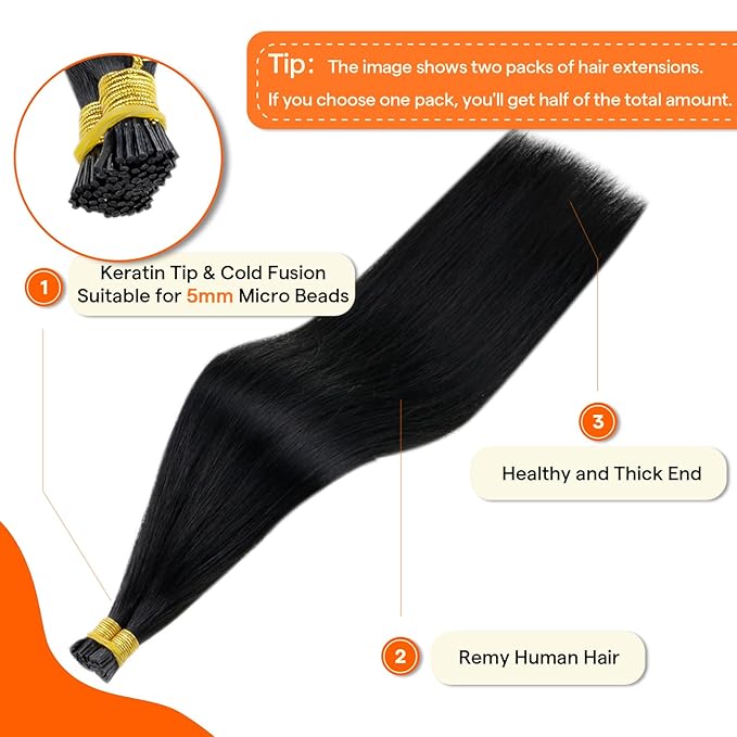 Full Shine I Tip Hair Extensions Human Hair Color 1 Jet Black 16 Inch 40 Grams Itip Human Hair Extensions Natural Remy Hair for Women Cold Fusion Prebonded Extensions