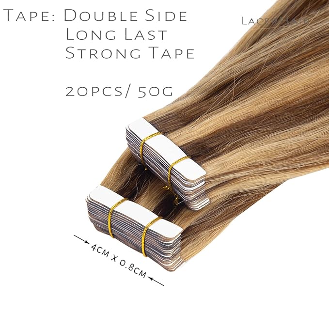 Lacer Remy Human Hair Extensions Tape in Highlight Dark Brown to Golden Brown Tape in Human Hair Extensions PU Skin Weft 100% Real Virgin Invisible Hair Double Side 50g 20pcs/set 18 Inch