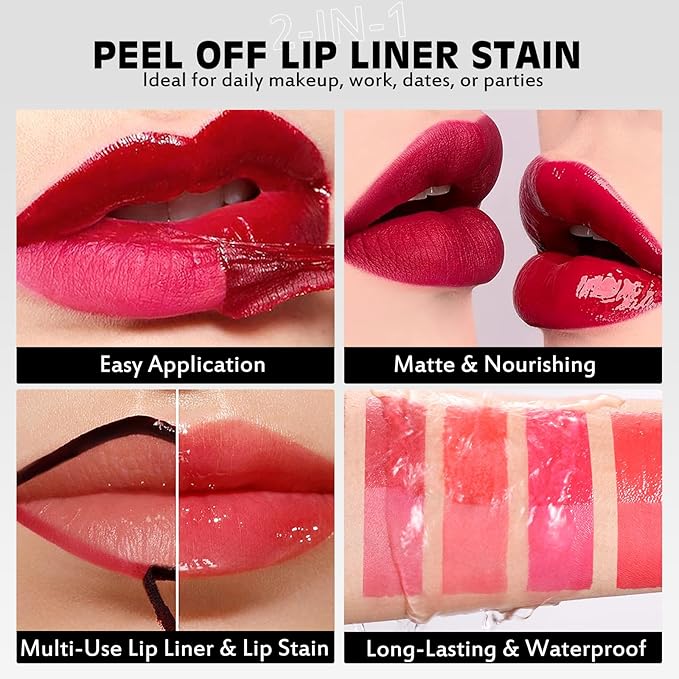 Lip Stain Peel Off Lip Oil 2 in 1 Combo Set, Raspberry Long Lasting Tattoo Lip Liner Stain, Transfer-Proof Lip Tint Matte Finish Moisturizing Lip Gloss for Women Daily Makeup, Easy to Use