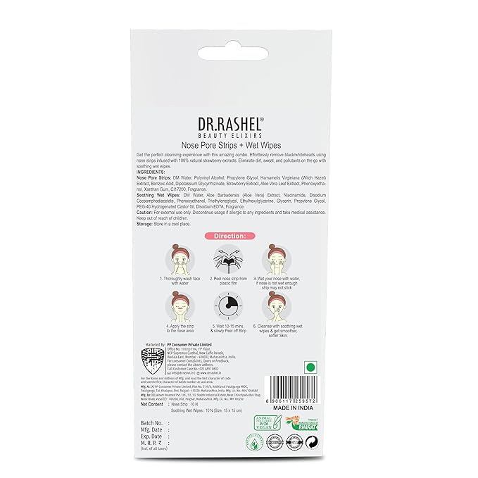 DR.RASHEL Strawberry Nose Pore Strips For Pore Cleansing, Instant And Painless Blackheads Removal | Deep Purifying Blackhead Remover Strips for Nose | 20 PCS (10 Strips & 10 Wipes)