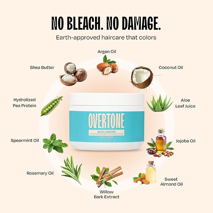 Overtone Semi Permanent Hair Color Conditioner, Blue Lagoon, 8 oz, Nourishing, Damage-Free, Color Depositing Mask for All Hair Types with Shea Butter & Coconut Oil, Vegan & Cruelty-Free