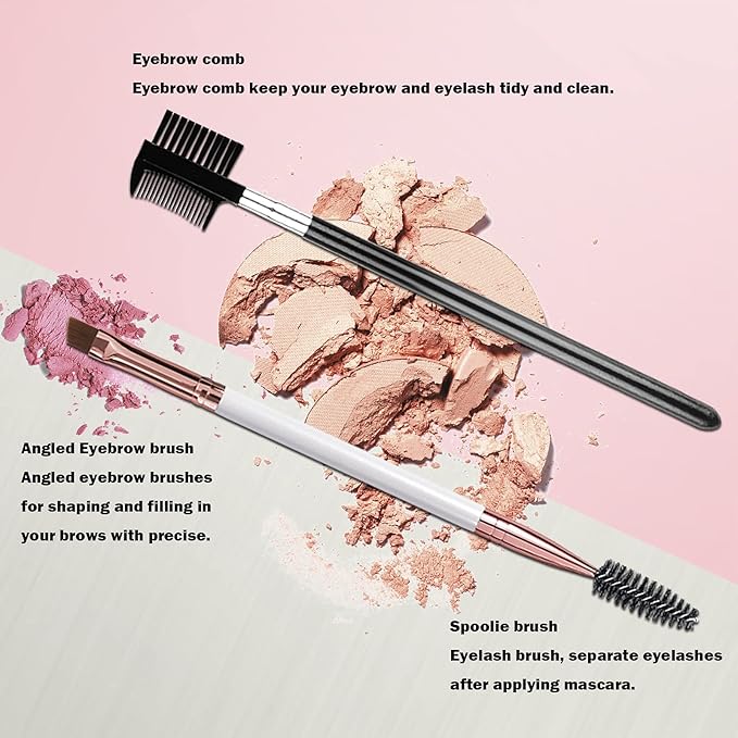 Duo Eyebrow Brush, Eyebrow Brush Eyelash Comb and Eyebrow brush, Professional Angled Eye Brow Brush and Spoolie Brush Set. (Black+White)
