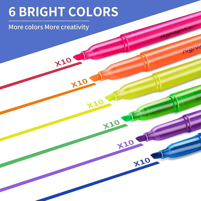 Highlighters Assorted Colors, 60 Pack Highlighters Bulk : No Bleed & Dry-Quickly, Highlighter Set : Chisel Tip & 6 Bright Colors, Highlighter Markers for school | college | office supplies
