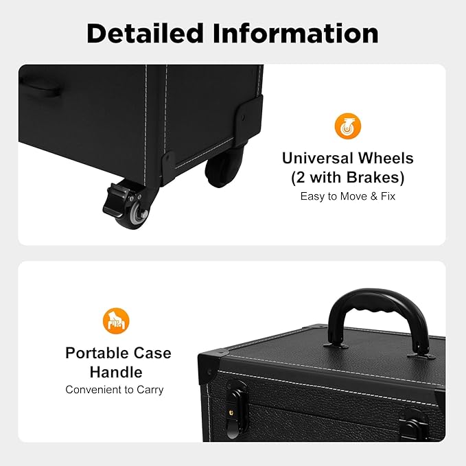 Makeup Train Case, Rolling Makeup Trolley Case, 3 Tiers Lockable Nail Polish Organizer with 2 Keys 4 Wheels (2 with Brakes) for Travel Makeup Artists Nail Technicians (Black Case, Black Lock)