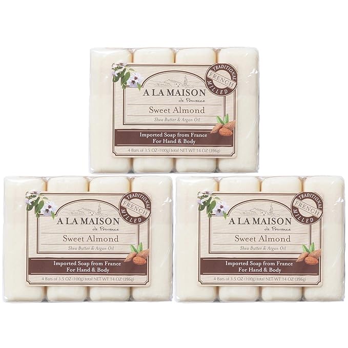 A LA MAISON Sweet Almond Bar Soap -Uses: Hand and Body, Triple Milled, Essential Oils, Biodegradable, Plant Based, Vegan, Cruelty-Free, Alcohol & Paraben Free (8 Bars of Soap, 3.5 oz)
