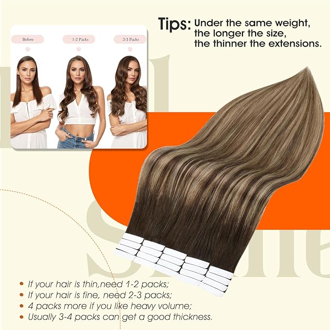 Full Shine Brown And Blonde Tape in Extensions Human Hair 20Pcs Rooted Tape in Hair Extensions Human Hair 16Inch Ombre Remy Seamless Invisible Dark Brown To Caramel Blonde Mixed Brown 2/3/27 50Gram