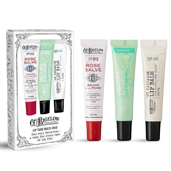 C.O. Bigelow Assorted Lip Balm Tubes Trio, Rose Salve, My Favorite Lip Balm, & Mentha Shine, Pack of 3 Lip Care Set, 0.5 oz