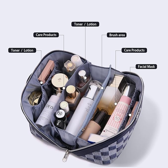 BOYATU Travel Makeup Bag for Women: Large Cosmetic Bag Set of 3 - PU Leather Make up Bag with Compartments - Compact Waterproof Toiletry Bag with Divider & Handle (D-5-Deep Blue)