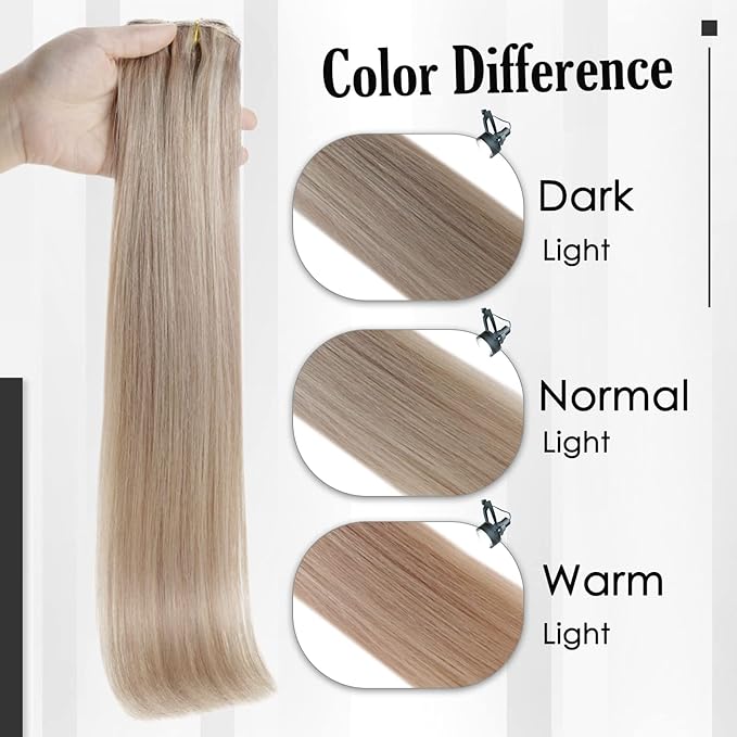 Full Shine Human Hair Clip in Extensions Blonde Highlight Straight Remy Clip in Hair Extensions Ash Blonde Lace Weft Real Human Hair Extensions Clip ins 14 Inch 3 Pcs 60 G
