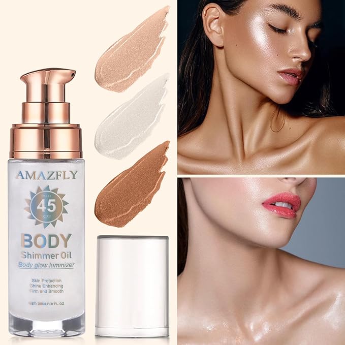 Shimmer Body Oil, SPF 45 Broad Spectrum, Sunscreen Face and Liquid Luminizer Waterproof Moisturizing, Light Shimmer Glow Illuminator, Smooth Body Highlighter Makeup (#02 Diamond Platinum)