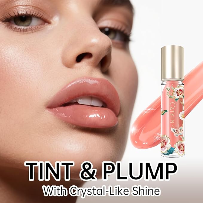 Catkin Lip Plumper Gloss, Tinted Lip Serum with Hyaluronic Acid & Jojoba Oil, Non-sticky Volumizing Hydrating Formula for a High Shine Maximum 3D Look, Plump & Soft Lips 0.12 Fl Oz - C03 Coral Pearl