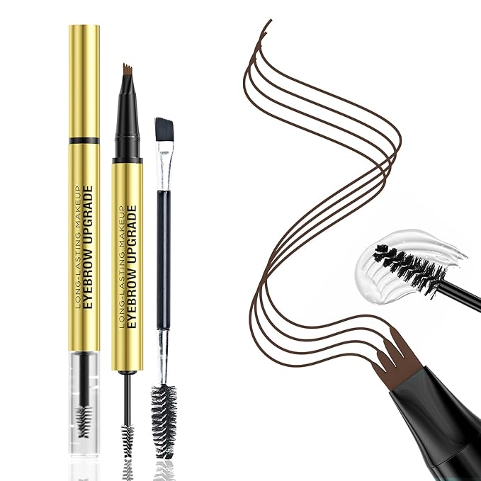2-in-1 Eyebrow Pen and Eye Brow Clear Gel, 4 Tip Microblading Eyebrow Pencil for Women Hair-Like Strokes & Feathered Brows, Waterproof Long Lasting Lift Shaping, Smudge Proof Brow Pencil, Dark Brown