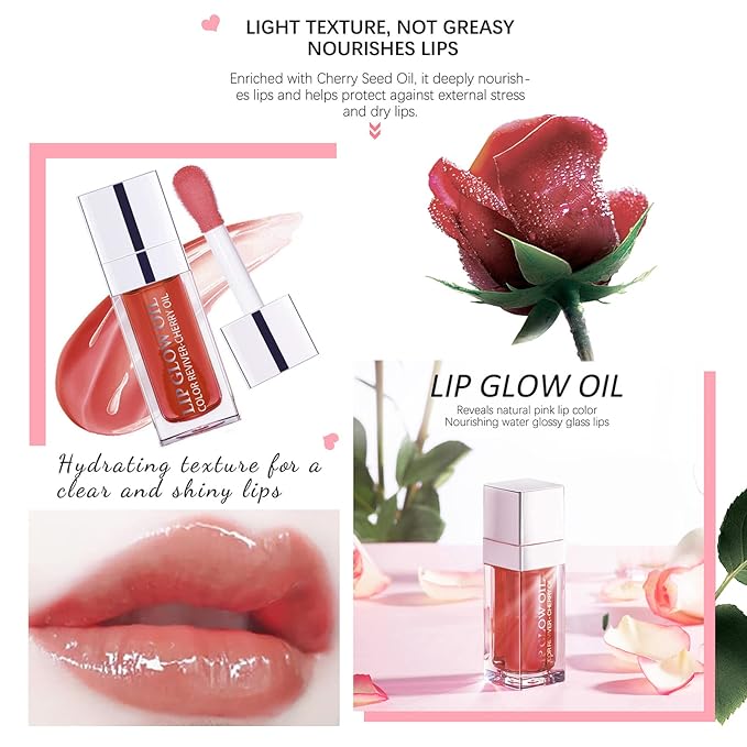 2 Set Lip Oil Hydrating Tinted Lip Balm, Plump Lip Gloss Lip Care Transparent Toot Lip Oil Tinted, Nourishing Repairing Lightening Lip Lines Lip Care Products (Pink/Rosewood)