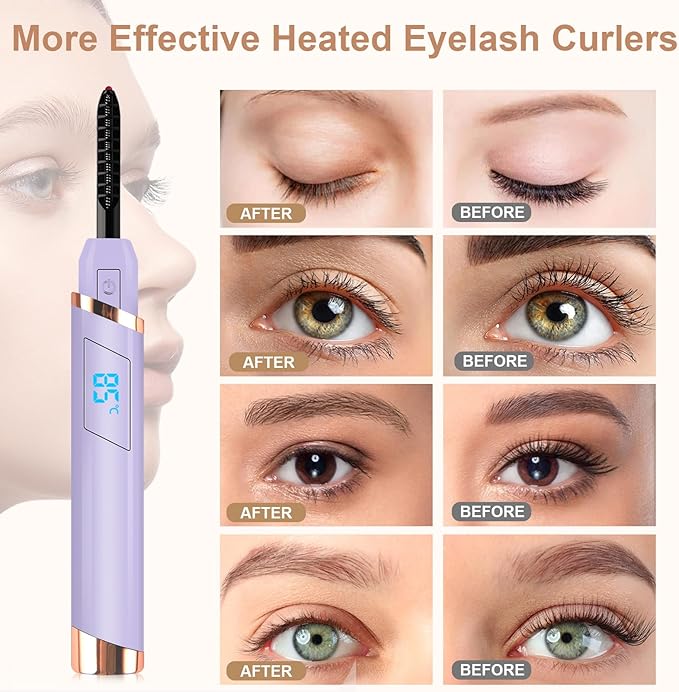 Heated Eyelash Curlers, Electric Eyelash Curlers, Rechargeable Lash Curler with Eyelash Comb for Makeup Natural Curling Eye Lashes and 24 Hours Long Lasting - Purple 2024 Updated Model B