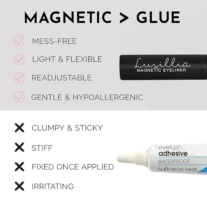 Luxillia Magnetic Eyelashes Kit – 10 Piece (Clear & Black) Magnetic Eyelash & Eyeliner Set with Applicator – Natural Look Easy Apply Reusable Fake Extension Lashes, No Glue – Pestañas Naturales