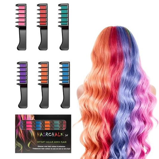 12 Colors Festive Fun Hair Chalk Combs, Instant Hair Color Comb Washable Quick Dry Vibrant Temporary Color for Birthday Christmas Party Gifts for Teenage Girls Kids (6 Colors)