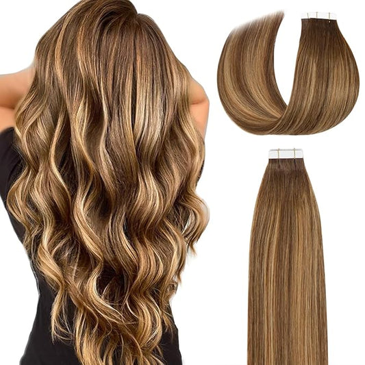 Lacer Hair Extensions Human Hair Tape in 18 Inch Highlight Chocolate Brown to Caramel Blonde with Brown Roots Tape in Real Human Hair Extensions R#4-4/27