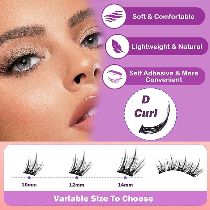 Wispy Self Adhesive Eyelashes 10 12 14mm Self Adhesive Lash Clusters Press On Lashes No Glue Needed Pre-Glued Glueless Lashes No Remover No Residue with Tweezers(Wispies-Natural)