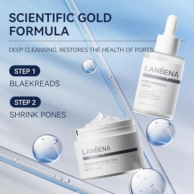 LANBENA 3 in 1 Blackhead Removing Set, Pore Strips 30g+Pore Serum 30ml+Removal Strip Paper, Black Head Remover Mask for Face, Pore Minimizer & Reducer for Face, Leaving Your Skin Fresh and Clean
