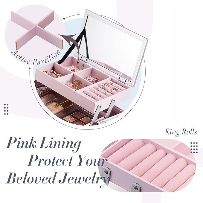 FRENESSA Makeup Case Organizer Portable Makeup Train Case Cosmetic Box with Mirror Jewerly Tray for Girls Nail Supplies Make Up Cases Organizers and Storage Kids Craft Case Pink
