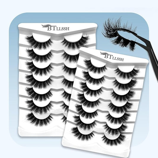 Mink Lashes Fluffy Wispy Lashes Natural Look 3D False Eyelashes D Curl Russian Strip Lashes 14 Pairs Short Fake Eyelash Pack