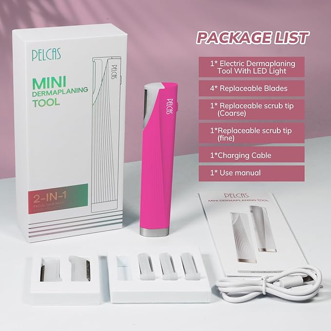 PELCAS Electric Dermaplaning Tool Kit with LED Light, Mini Face Dermaplaning Razor with 6 Replace Blades, Painless 3 Speeds Facial Peach Fuzz, Exfoliation & Hair Removal System for Women BV18-712