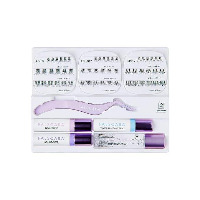 FALSCARA STUDIO Lash Extension Kit, 54 Stackable Lash Clusters, Light Volume, 8mm-12mm, ‘Delicate’, False Eyelashes, InfuseBond, Water-Resistant Seal, BondBoost, Hydro Cleanser, Applicator