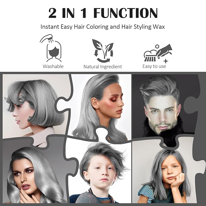Silver Gray Temporary Hair Color Wax, Instant Natural Hairstyle Cream Dye, Grey Styling Pomadesfor Men Girls Women Youth, Disposable Coloring Mud for Party Cosplay DIY Halloween