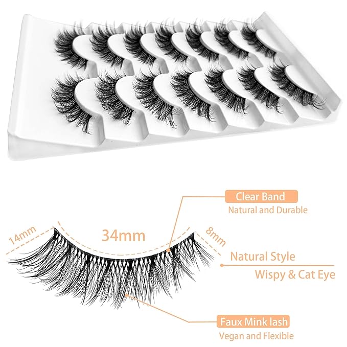 Ninglash Wispy Lashes Strips False Eyelashes Clear Band Natural Look 14mm Faux 3D Mink Lashes 7 Pairs Fluffy Cat Eye Lash Pack
