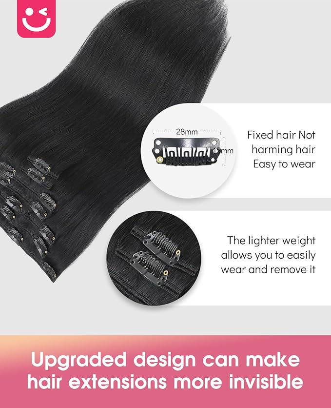 Youngsmile Human Hair Clip in Hair Extensions, 18 Inch 120g 7pcs, #1 Jet Black Rallonge Cheveux Humain Thick End Clip in Real Hair Extensions Easy To Install for Full Head (CLIP#1-18Inch)