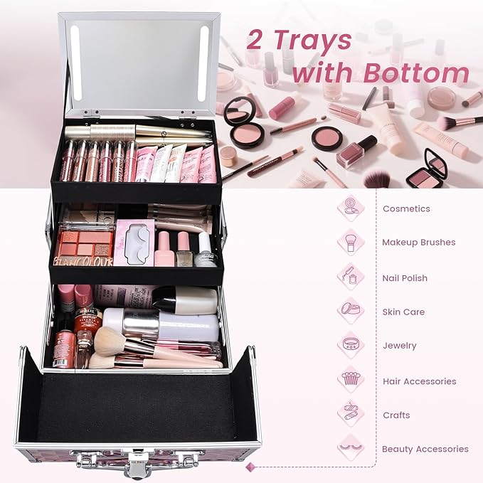 Makeup Case with Lighted Mirror Travel Makeup Organizer Box 2 Trays Lockable Cosmetic Train Case with LED Mirror for Make Up Nail Kits Sewing Vanity Storage Case Glossy Pink