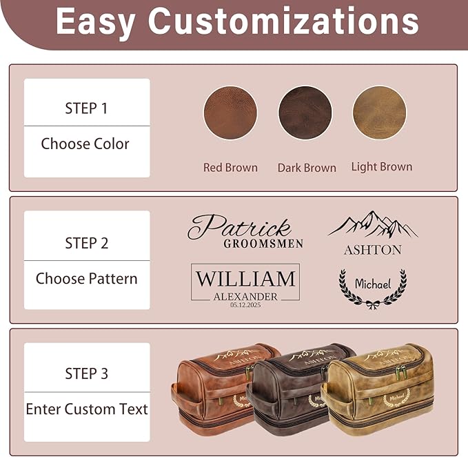 Personalized Toiletry Bag for Men, Gifts for Men, Christmas, Custom Leather Travel Bag Shave Kit, Engraved Pattern Text, Ideal Gift for Him, Dad, Groomsmen, Birthday, Anniversary, Father, Son, Husband