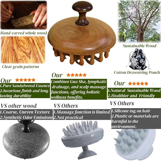 Sandalwood Scalp Massager | Manual Gua Sha Brush for Scalp Care & Relaxation | Portable Wooden Massager with Gift Pouch for Hair Growth & Stress Relief