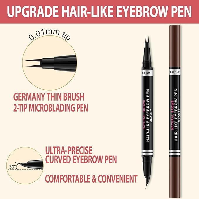 LAVONE Hair-Like Eyebrow Pen Makeup kit, Eyebrow Pencils for Women with Waterproof Microblading Eyebrow Pencil, Eyebrow Pomade, Eyeliner and Eyebrow Brush, Create Full, Natural Brows, Dark Coffee