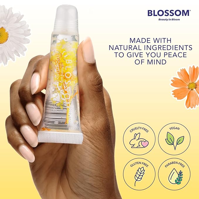 Blossom Scented Moisturizing Lip Gloss Tubes, Infused with Real Flowers, 0.9 fl. oz/27ml, 3 pack Full Size Gift Set, Strawberry/Raspberry/Mango