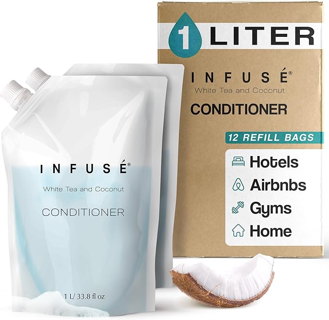 1 Liter Conditioner Refill Bag For Soap Dispensers | Bulk Toiletries for Vacation Rentals, and Home Bathroom Showers | White Tea and Coconut | Set of 12