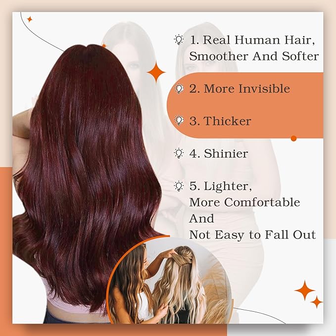 Full Shine Tape in Human Hair Wine Red 99J Hair Extensions Real Human Hair Tape in 24Inch Long Extensions 50Gram Invisible Seamless Remy Skin Weft Double Sided 20Pcs for Wedding Add Length