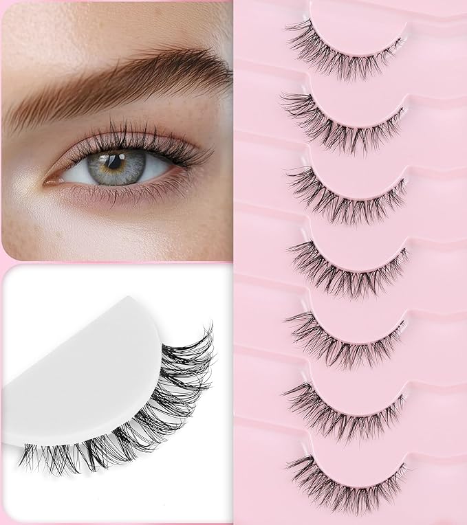 Natural Cat Eye Lashes 12MM False Eyelashes with Clear Band Wispy Lashes Natural Look C Curl Fake Eyelashes Pack 3D Volume Lash Strips ChirpyLuna Eyelash 7 Pair