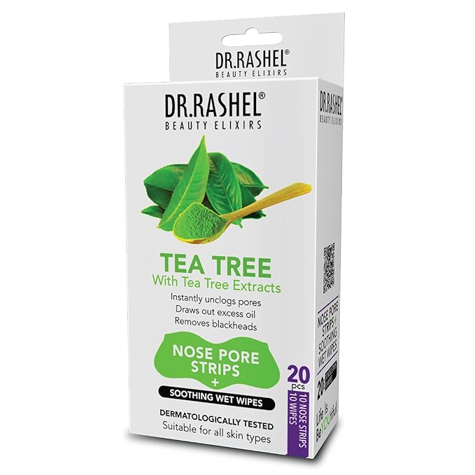 DR.RASHEL Tea Tree Nose Pore Strips For Pore Cleansing, Instant And Painless Blackheads Removal | Deep Purifying Blackhead Remover Strips for Nose | 20 PCS (10 Strips & 10 Wipes)